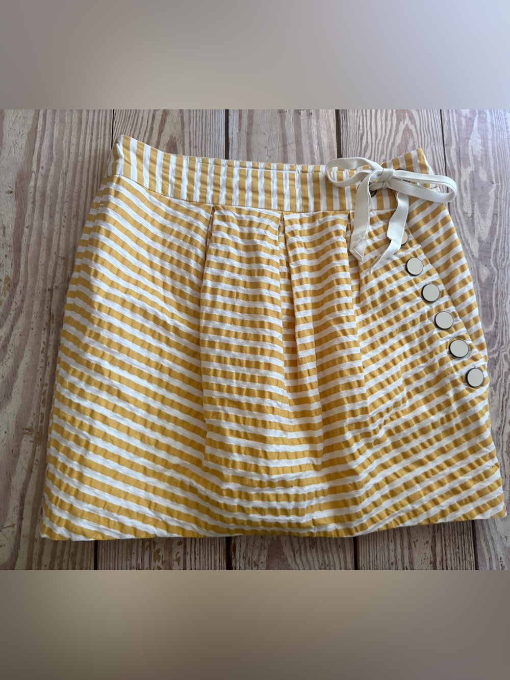 LEIFSDOTTIR yellow white striped mini skirt tie waist buttons size 4 - Picture 4 of 4